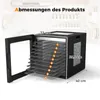 A black food dehydrator with its door open, showing multiple trays, with dimensions indicated by text and lines. Podgląd zdjęcia produktu