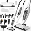A collage of a white and gray steam cleaner and its various attachments, displayed against a white background. Produktbild-Vorschau