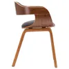 A side view of a modern dining chair with a curved wooden frame and a gray fabric seat. Produktbild-Vorschau