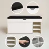 A shoe cabinet with a seat and pull-out shelves, shown with close-up details of its features. Produktbild-Vorschau