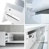 A collage of four close-up images showing details of a white and cream lowboard/TV cabinet, focusing on its construction and drawer mechanisms. Produktbild-Vorschau
