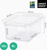 A transparent storage box with dimensions and capacity indicated by text overlays and graphics. Produktbild-Vorschau