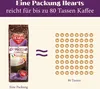 A bag of HEARTS Cappuccino Amaretto coffee is shown next to an illustration of 80 small coffee biscuits, indicating that one bag makes 80 cups of coffee. Produktbild-Vorschau