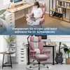 A split image showing a woman sitting in a pink office chair at a desk in the top half, and the same chair in a room with a guitar and desk in the bottom half. Produktbild-Vorschau