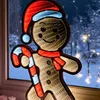 A lit-up gingerbread man decoration with a candy cane, displayed in a window at night with a snowy outdoor scene visible. Produktbild-Vorschau