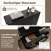 A collage of images showing a black dresser with gold accents, highlighting its storage capacity and drawer organization. Produktbild-Vorschau