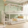A white bunk bed with stairs and storage drawers in a room with light green walls and a window with curtains. Anteprima dell’immagine prodotto