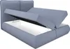 A blue upholstered bed frame with the storage compartment open, revealing the white interior. Produktbild-Vorschau