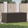 A dark brown poly rattan garden storage box is placed on a lawn in front of a wooden fence. Voir les images du produit