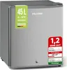 A silver mini refrigerator with several labels indicating its features and ratings. Produktbild-Vorschau