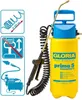 A yellow and blue GLORIA Prima 5 Comfort pressure sprayer with a coiled hose and spray wand, shown with instructional icons on the left. Produktbild-Vorschau