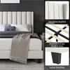 A bedroom scene featuring a bed with multiple close-up shots highlighting its features. Produktbild-Vorschau