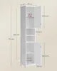 A white tall cabinet with open doors and shelves, showing measurements. Produktbild-Vorschau