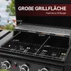 Close-up view of a gas grill with dimensions indicated by white lines and text. Produktbild-Vorschau