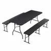 A black folding table and two benches set against a white background. Produktbild-Vorschau