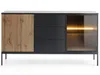 A modern sideboard with a slatted wood door and a glass-fronted cabinet with interior lighting. Produktbild-Vorschau
