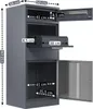 A gray metal parcel mailbox with dimensions indicated by text overlays. Produktbild-Vorschau