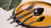 A set of black cutlery is arranged on a brown plate, with a green leaf in the background. Náhled obrázku produktu