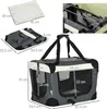 A collage of images showing a pet carrier, its dimensions, and a close-up of its interior. Produktbild-Vorschau