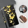 A collage showing a phone case with a butterfly design, a close-up of a person working with leather, and swatches of leather. Produktbild-Vorschau