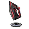 A cordless iron and its charging base are shown floating against a white background. The iron is black with red accents, and the base has blue LED lights. Voir les images du produit