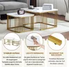 Two nesting coffee tables with a marble-like top and gold metal frames are shown in a living room setting. Below the tables, there are three circular diagrams with text explaining features like stable construction, easy cleaning, and floor protection. Náhľad obrázku produktu