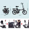 Collage showing an electric bike in different states (folded and unfolded) and instructional steps for its use. Voir les images du produit