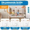 A baby gate with children and a cat in a home setting, with size options displayed below. Produktbild-Vorschau