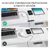 Two images showing a desk with electronic devices and cables. The top image shows a neat setup with a laptop, tablet, and phone connected to power. The bottom image shows a messy setup with tangled cables. There is text in Polish at the top. Podgląd zdjęcia produktu