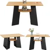 A collage of three images showing a dining table with a built-in cat resting area. The table has a wooden top and black legs. One image shows a cat on the top surface, another shows the table from a different angle without a cat, and the third shows a cat  Anteprima dell’immagine prodotto