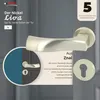 A product image showcasing a door handle set with descriptive text and a close-up inset. Produktbild-Vorschau