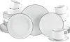 A collection of white ceramic plates and cups with black trim, arranged on a white background. Produktbild-Vorschau