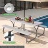 A picnic table set with benches and an umbrella, situated next to a swimming pool. Produktbild-Vorschau