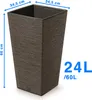 A tall, square planter with a textured surface, shown from a slightly elevated angle against a white background. Dimensions and volume are indicated with text and arrows. Produktbild-Vorschau