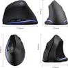 Four views of a black vertical gaming mouse with blue LED accents, with dimensions indicated. Produktbild-Vorschau