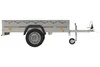 A side view of a gray utility trailer with a black tire and a gray tarp. Náhled obrázku produktu