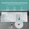 A double sink with faucets and water flow graphics, along with feature callouts. Produktbild-Vorschau