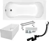A collection of bathroom fixtures and accessories, including a bathtub, a bathtub support structure, and a drain assembly, laid out against a white background. Produktbild-Vorschau