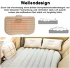 An inflatable car mattress with pillows, shown in the back of a car, with diagrams illustrating its design and benefits. Produktbild-Vorschau