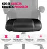 A black chair seat cushion is shown with overlaid text and icons highlighting its features. Náhled obrázku produktu