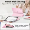 A pink iPad case is shown in use on a table, with text overlays highlighting its features. Produktbild-Vorschau