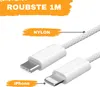 A close-up view of a white USB-C to iPhone charging cable, with labels indicating its features. Produktbild-Vorschau