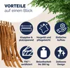A marketing image showcasing the features of wooden garden chairs, with a close-up of the chairs on the left and icons with text describing benefits on the right. Produktbild-Vorschau