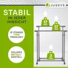 A marketing image for a Juskys metal clothes rack, highlighting its stability and load capacity with text and graphics. Podgląd zdjęcia produktu