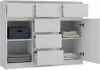 A white dresser with multiple drawers and two doors, some of which are open, revealing folded clothes and a blue storage box. Anteprima dell’immagine prodotto