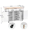 A diagram showing the dimensions of a white kitchen island with a wooden countertop. Podgląd zdjęcia produktu