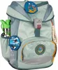 A school backpack with various patches and a water bottle. The background is plain. Produktbild-Vorschau