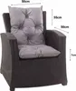 A grey cushion set on a black rattan garden chair, with dimensions indicated by text overlays. Produktbild-Vorschau