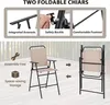 A marketing image showing two foldable chairs, one open and one folded, with feature callouts. Podgląd zdjęcia produktu