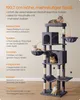 A multi-level cat tree with several cats on it, with descriptive text highlighting its features. Produktbild-Vorschau